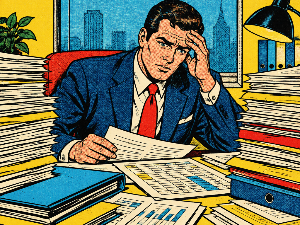 Stressed broker surrounded by lender paperwork